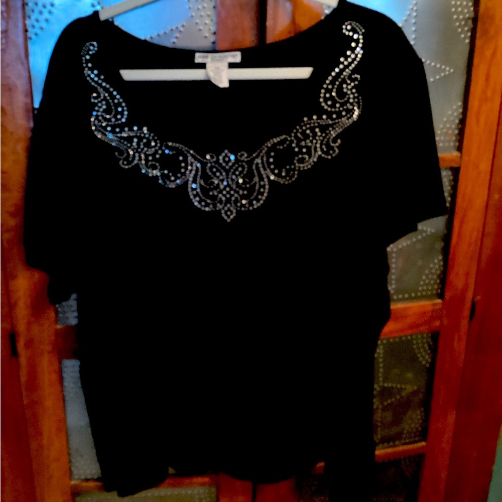 Black short sleeve top with rhinestone trim
